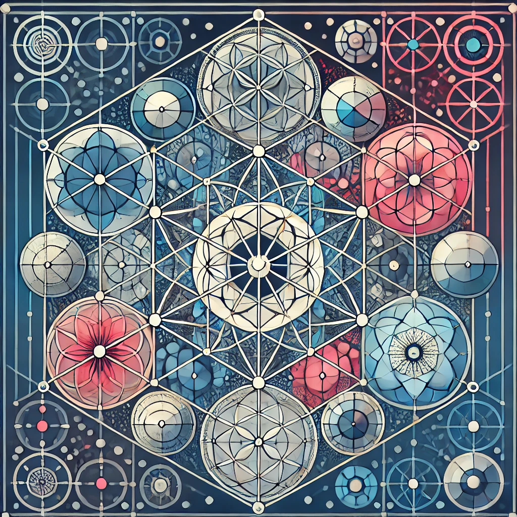 Sacred geometry design representing how to define your own success, featuring interconnected geometric shapes and a harmonious color scheme that aligns with personal growth and self-leadership.